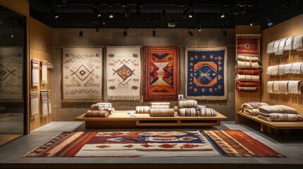 Poster - A stylish interior showcasing a variety of beautifully designed rugs and textiles displayed on walls and shelves.