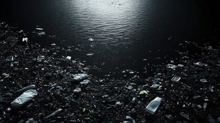 Poster - Floating plastic waste covers ocean surface with bottles and bags creating environmental concern. Generative AI