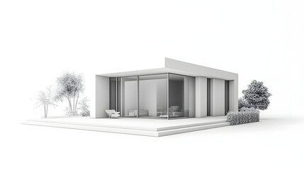 Wall Mural - Modern minimalist house design with large glass windows surrounded by greenery and a serene landscape