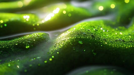 Poster - Close up of vibrant green moss glistening with water droplets in tranquil sunlight : Generative AI
