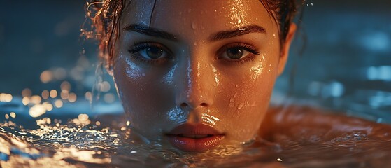 Aufkleber - Closeup of Woman's Face with Water Droplets Glimmering in Soft Light : Generative AI