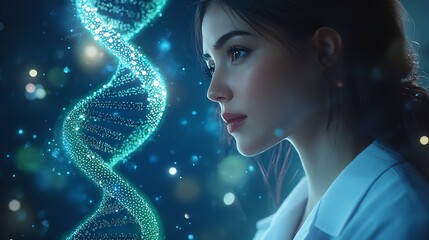 Poster - Contemplative Woman in Lab Coat Analyzing Genetic Information with Intriguing Glowing DNA Model : Generative AI