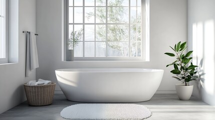 Poster - Minimalist and Bright Bathroom with Clean Lines and Inviting Green Plants : Generative AI