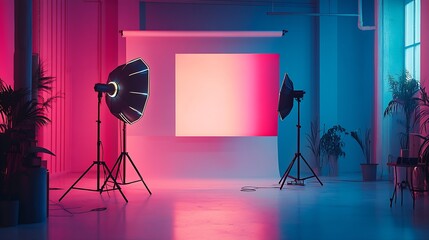 Aufkleber - Dynamic photography setup with vibrant colored lights creating a captivating studio environment : Generative AI