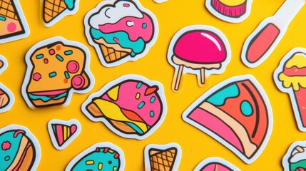 Poster - Colorful and playful food stickers featuring pizza, ice cream, and desserts on a bright yellow background. Generative AI