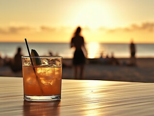 Poster - Delicious cocktail presented at sunset with a scenic view of the ocean capturing a warm evening atmosphere : Generative AI
