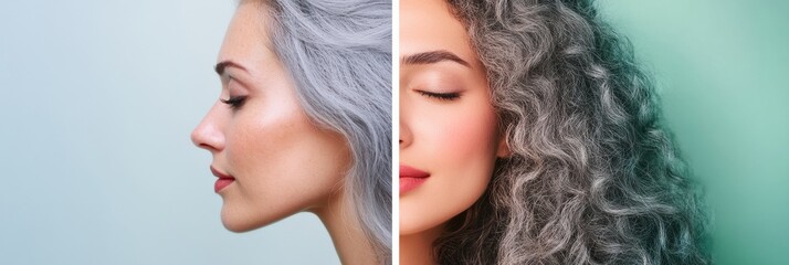 Poster - Gray hair transformation to vibrant dyed curls showcasing personal style change over time and embracing beauty at any age. Generative AI