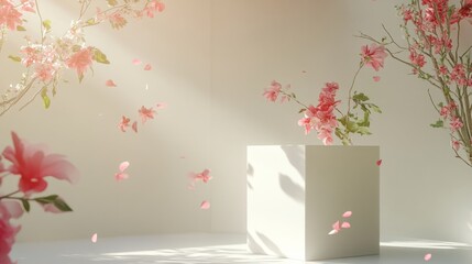 Poster - Sleek white cube podium with subtle floral arrangements, falling petals, and a warm spring breeze effect
