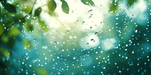 Poster - Close up of water droplets on leaves with sunlight shimmering through in a soft green blurred environment during rain : Generative AI
