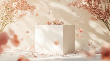 Poster - Sleek white cube podium with subtle floral arrangements, falling petals, and a warm spring breeze effect