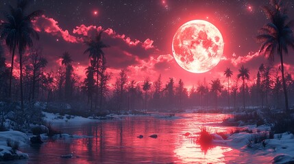 Wall Mural - Red moonlit snowy tropical river