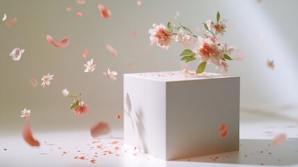 Poster - Sleek white cube podium with subtle floral arrangements, falling petals, and a warm spring breeze effect