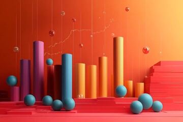 Aufkleber - Artistic representation of financial trends with colorful cylindrical elements and spheres in a modern setting : Generative AI