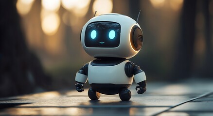 Aufkleber - Cute humanoid robot in a natural outdoor setting smiling in early morning light : Generative AI