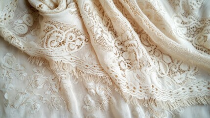Poster - Soft, elegant scarf with intricate patterns and flowing texture, draped gracefully on a neutral background, copy space.