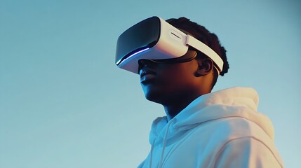 Aufkleber - Young person wearing virtual reality headset against a blue background showcasing future technology : Generative AI