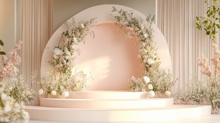 Poster - Soft pastel-themed 3D podium, embraced by gentle floral and leafy accents, radiating freshness and elegance.