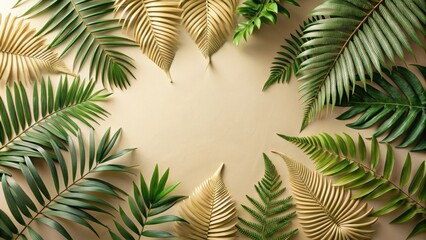 Wall Mural - An Elegant Arrangement of Lush Green and Golden Tropical Foliage Creates a Vibrant Natural Frame