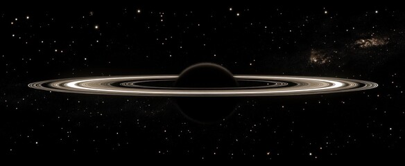 Wall Mural - a dark planet with prominent rings, set against a backdrop of distant stars and galaxies.