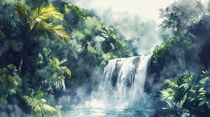 Poster - Majestic waterfall cascading through lush tropical rainforest during a misty morning. Generative AI