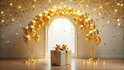 Wall Mural - A Festive Celebration Scene with a Luxurious Gift and Golden Balloons Archway Underneath a Sparkling Ceiling