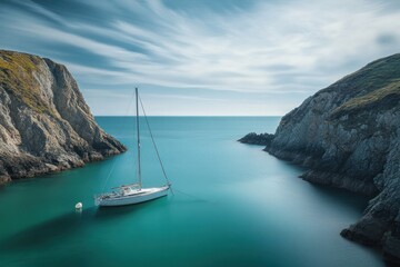 Sticker - Sailboat anchored in a calm, turquoise cove between dramatic cliffs under a flowing sky.