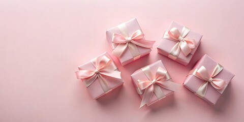 Wall Mural - A collection of delicately wrapped presents, adorned with soft pink ribbons, arranged on a pastel pink background, conveying a sense of elegance and thoughtful gifting