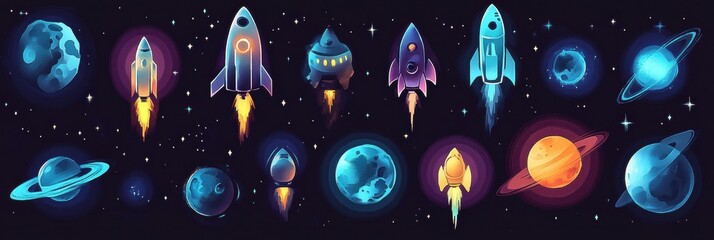 Poster - Colorful space stickers featuring rockets and planets on a dark background for creative projects and decorations. Generative AI