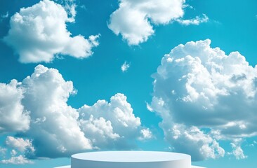 Wall Mural - White cylindrical platform against a vibrant blue sky filled with fluffy white clouds.