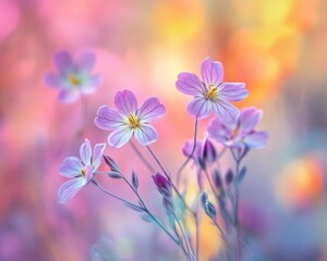 Wall Mural - Soft focus image of delicate pink wildflowers in a vibrant sunset.