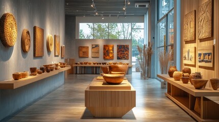 Poster - A modern art gallery featuring wooden bowls and intricate wall art, illuminated by natural light.