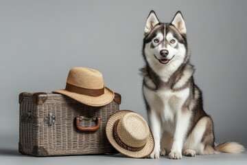 Wall Mural - A Siberian Husky dog sits beside a vintage suitcase and two straw hats against a gray background.