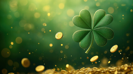 Wall Mural - floating four-leaf clover with gold coins and sparkles on a green background for st patrick’s day
