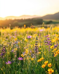 Wall Mural - Vibrant wildflowers in a field at sunset, showcasing diverse colors and textures against a mountain backdrop.