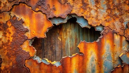 Wall Mural - Highly Textured Rusted Metal Surface with a Hole Showing Underlying Structure and Patina