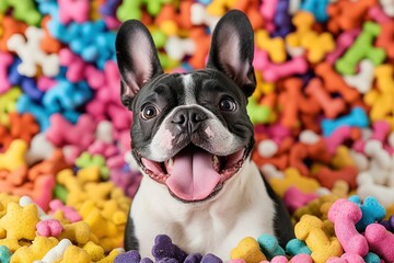 Canvas Print - Happy French bulldog surrounded by colorful dog treats.