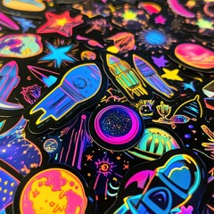Poster - Bright and colorful space themed stickers featuring rockets, planets, and stars against a black background. Generative AI