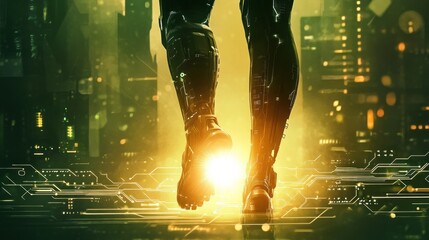 Wall Mural - Futuristic cyborg legs walking on glowing city street.