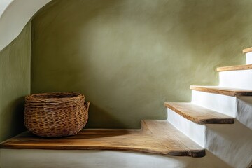 Poster - Rustic woven basket sits on a wooden landing of a staircase with an olive green wall.