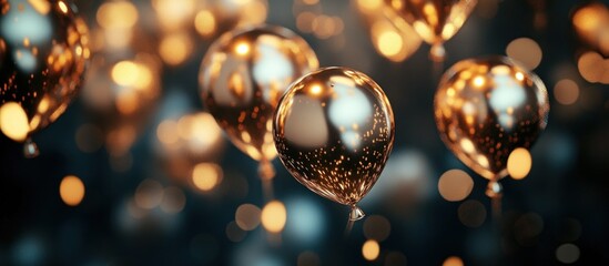 Wall Mural - Golden balloons float against a dark background, sparkling with light.