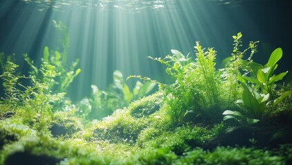 Wall Mural - Underwater scene with sunbeams illuminating lush green aquatic plants and moss.