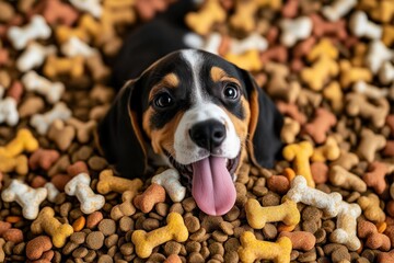 Wall Mural - Happy beagle puppy nestled in a pile of dog food, tongue out, looking at the camera.