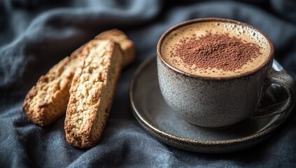 Wall Mural - Close-up of biscotti cookies and a cup of cappuccino sprinkled with cocoa powder on a dark gray fabric.