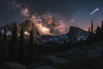 Wall Mural - majestic milky way galaxy shining brightly over snow-capped mountains and pine forest at night.