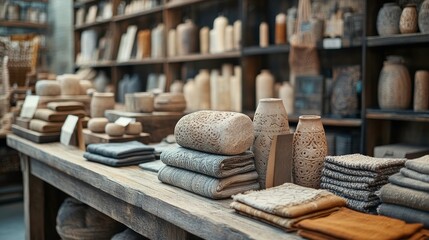 Poster - A rustic display of handmade pottery and textiles on a wooden table, showcasing earthy tones and unique textures in a cozy shop setting.