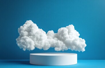 Sticker - White fluffy cloud formation above a simple round pedestal against a blue background.