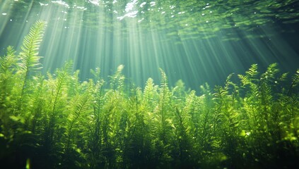 Wall Mural - Underwater scene with sunbeams illuminating lush aquatic plants.