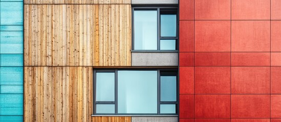 Wall Mural - Modern building exterior with wood, red, and teal panels, featuring large windows.