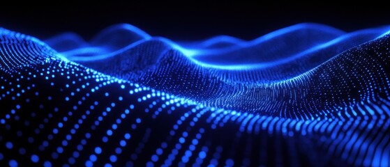 Poster - abstract representation of flowing waves illuminated by blue light, creating a digital landscape wit