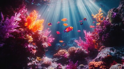 Wall Mural - Vibrant coral reef teeming with colorful fish, sunlight penetrating the water.